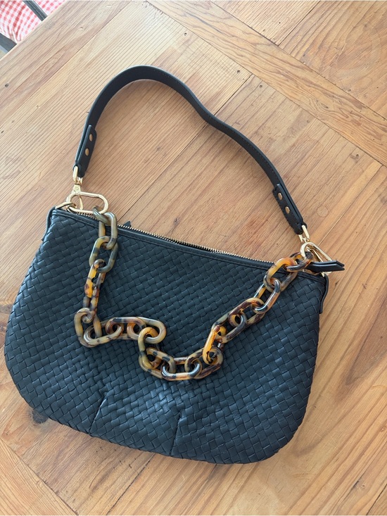 Quince Handbags - Black Sloane Mini Woven Shoulder Bag with Tortoiseshell Chain